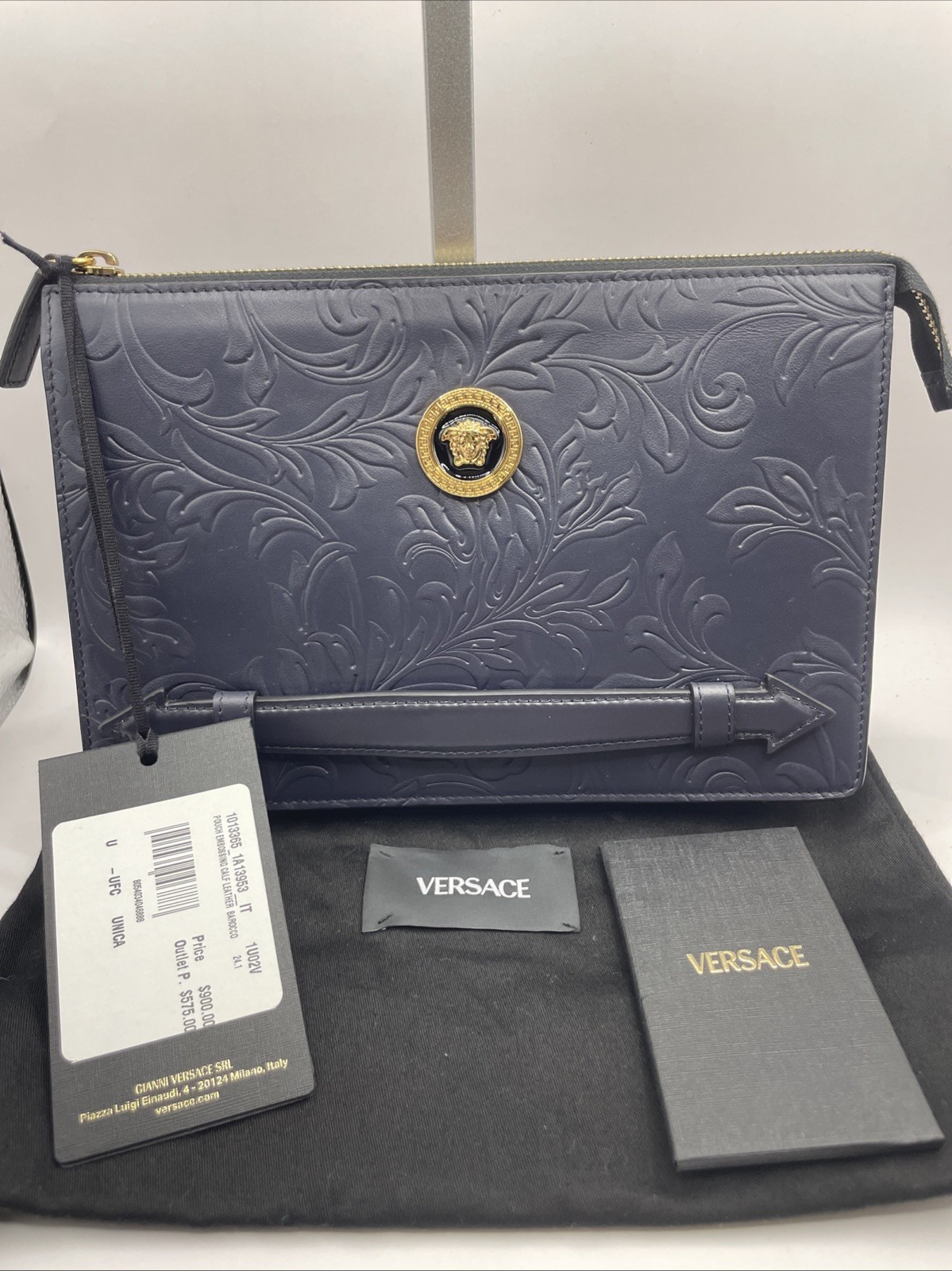 Versace Pouch Embrossing Calf Leather Navy Blue $900 Retail