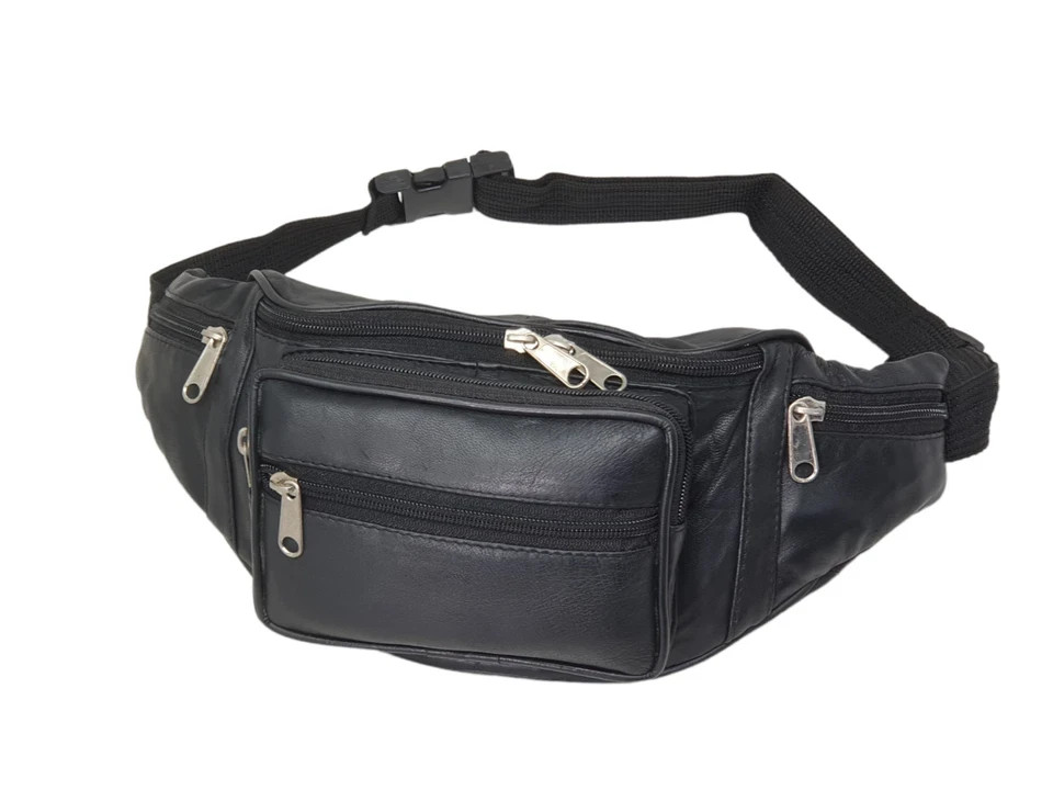 Genuine Leather Fanny Pack Multi Zippered Waist Bag Hip Belt Purse Black Pouch