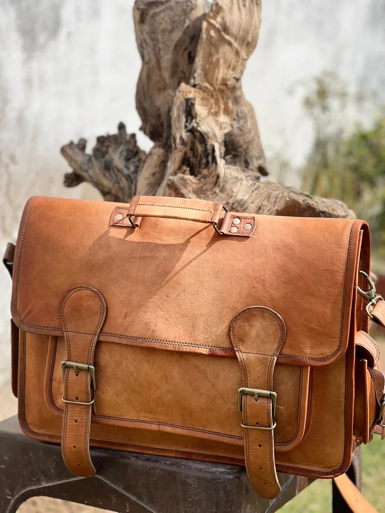 Vintage Men’s Genuine Leather Briefcase Bag – Handmade Laptop Messenger Satchel