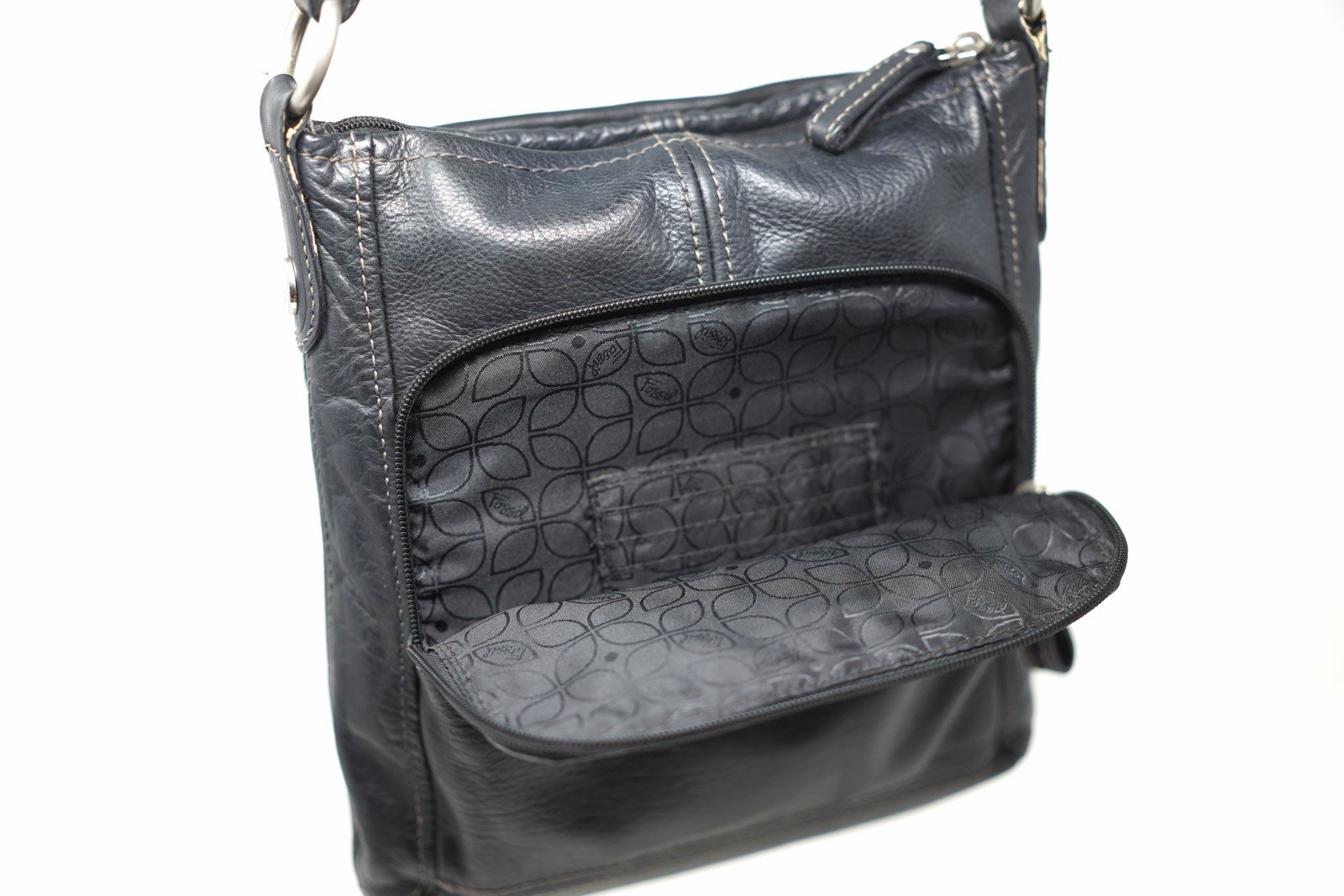 Fossil Black Genuine Pebbled Leather Crossbody Organizer Messenger Bag Purse