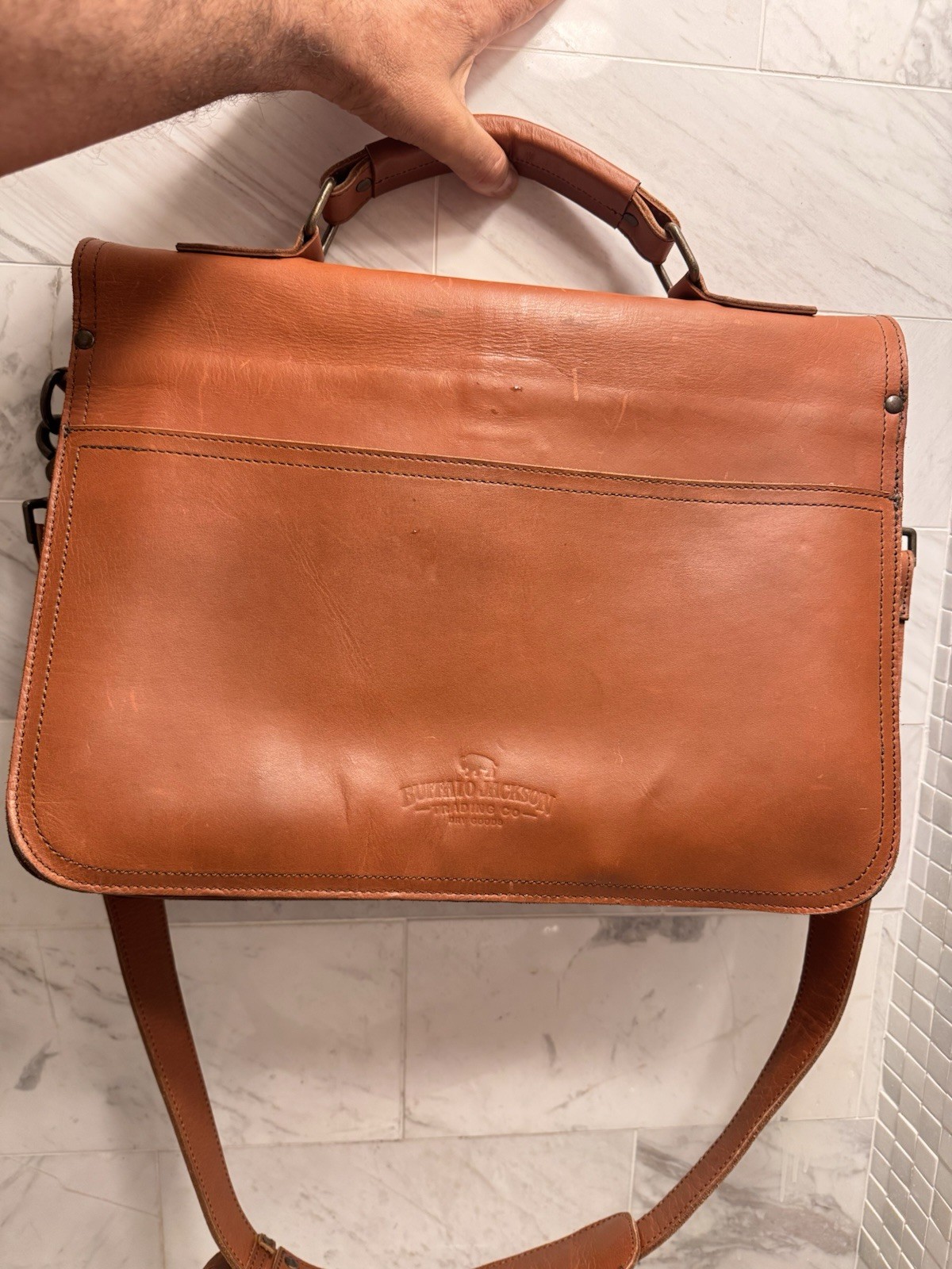Buffalo Jackson Roosevelt Messenger Briefcase 16” Removable Strap Cognac Brn