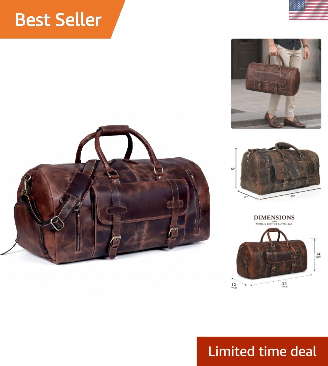 Versatile 24 Inch Genuine Leather Duffle Bag – Ideal for Weekend Getaways
