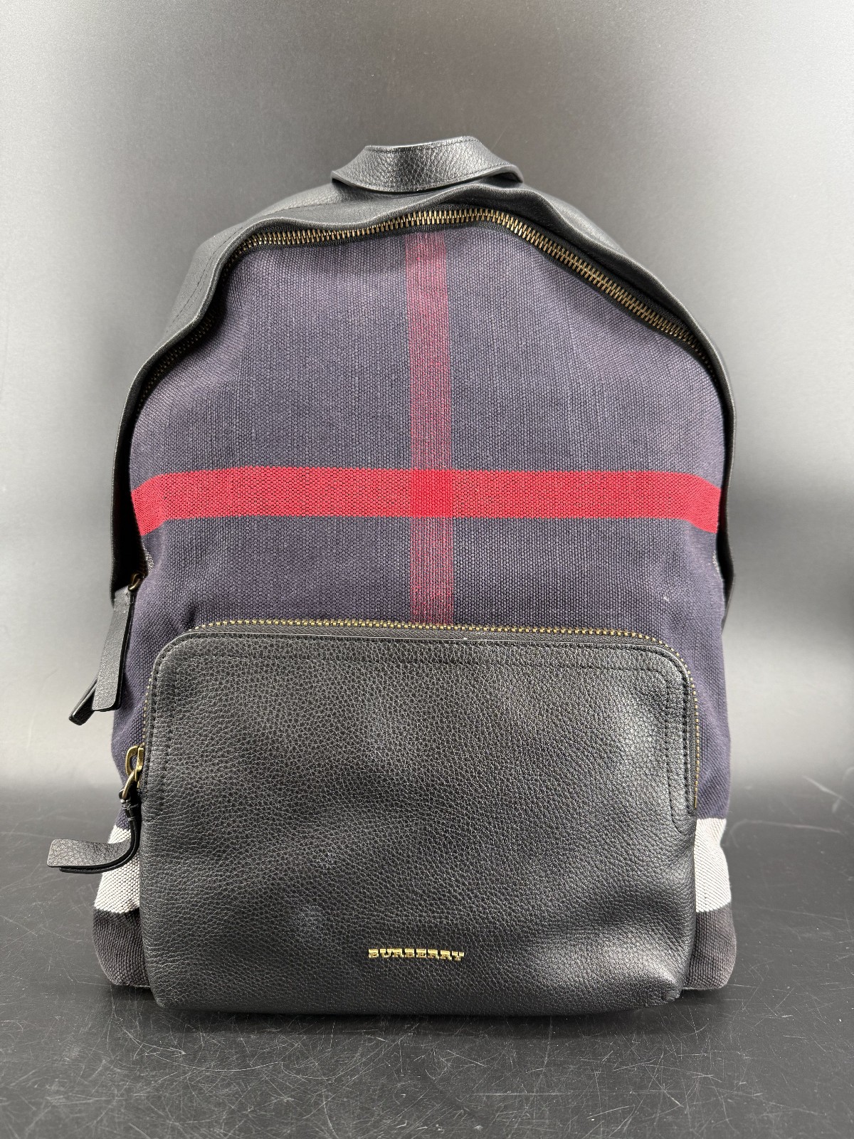 Burberry Blue Canvas Exploded Check Backpack Leather Trim Box Dust Bag