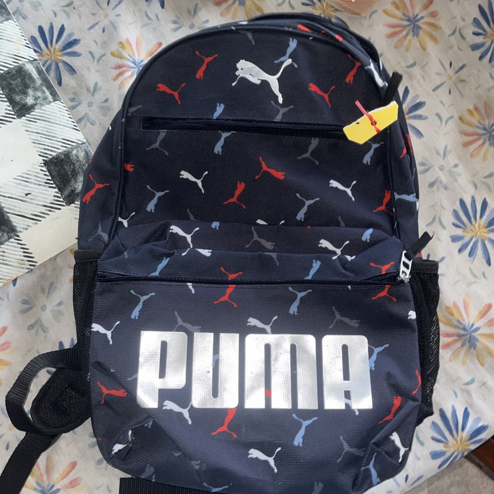 PUMA Navy Blue Red Gray Logo Print Backpack School Travel Bag