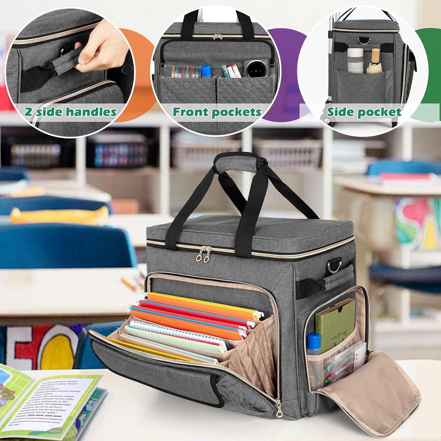 LUXJA Rolling Teacher Bag, Multifunctional Rolling Briefcase, Gray