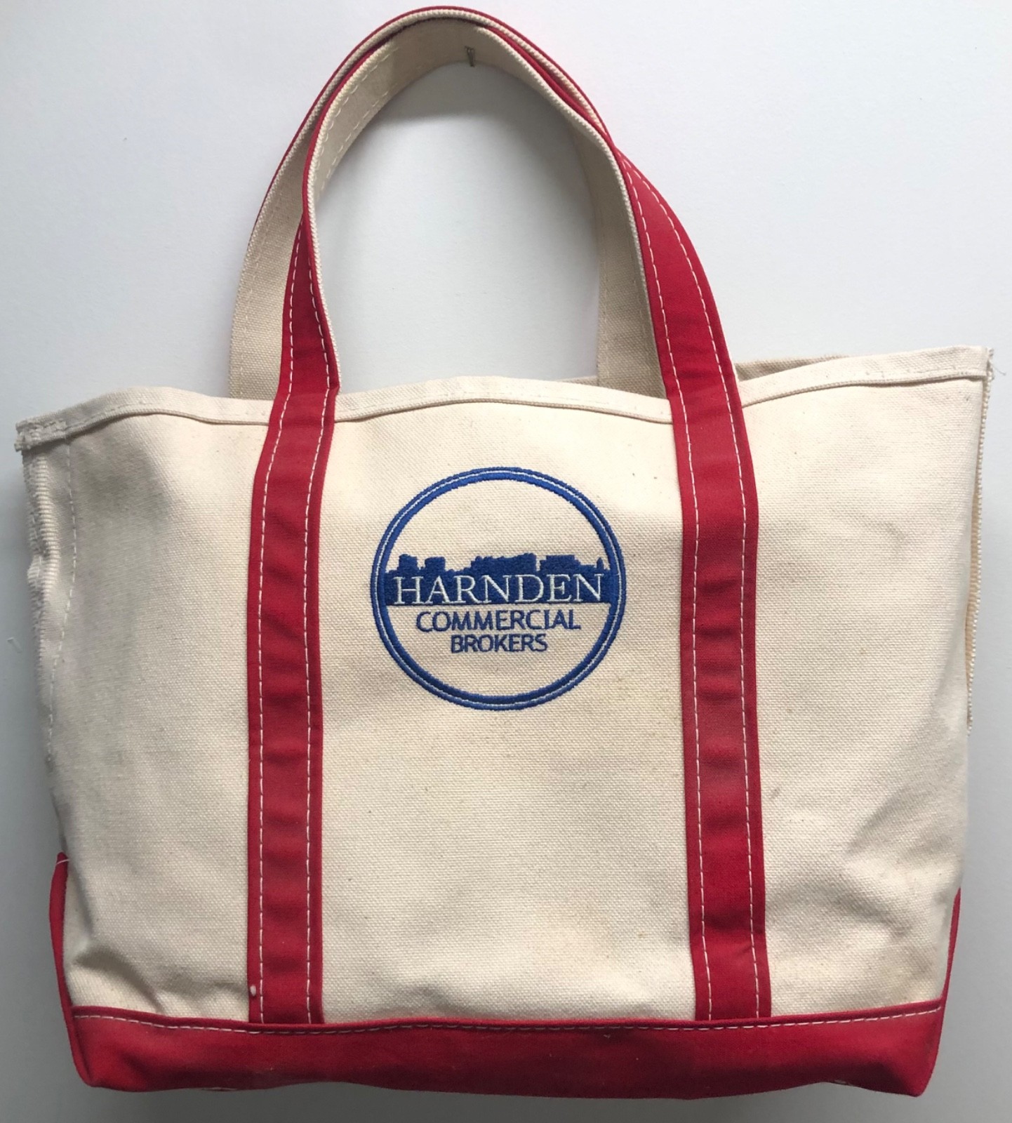 LL BEAN VNTG “HARNDEN COMMERCIAL BROKERS” RED TRIM BOAT & TOTE BAG STIFF CANVAS