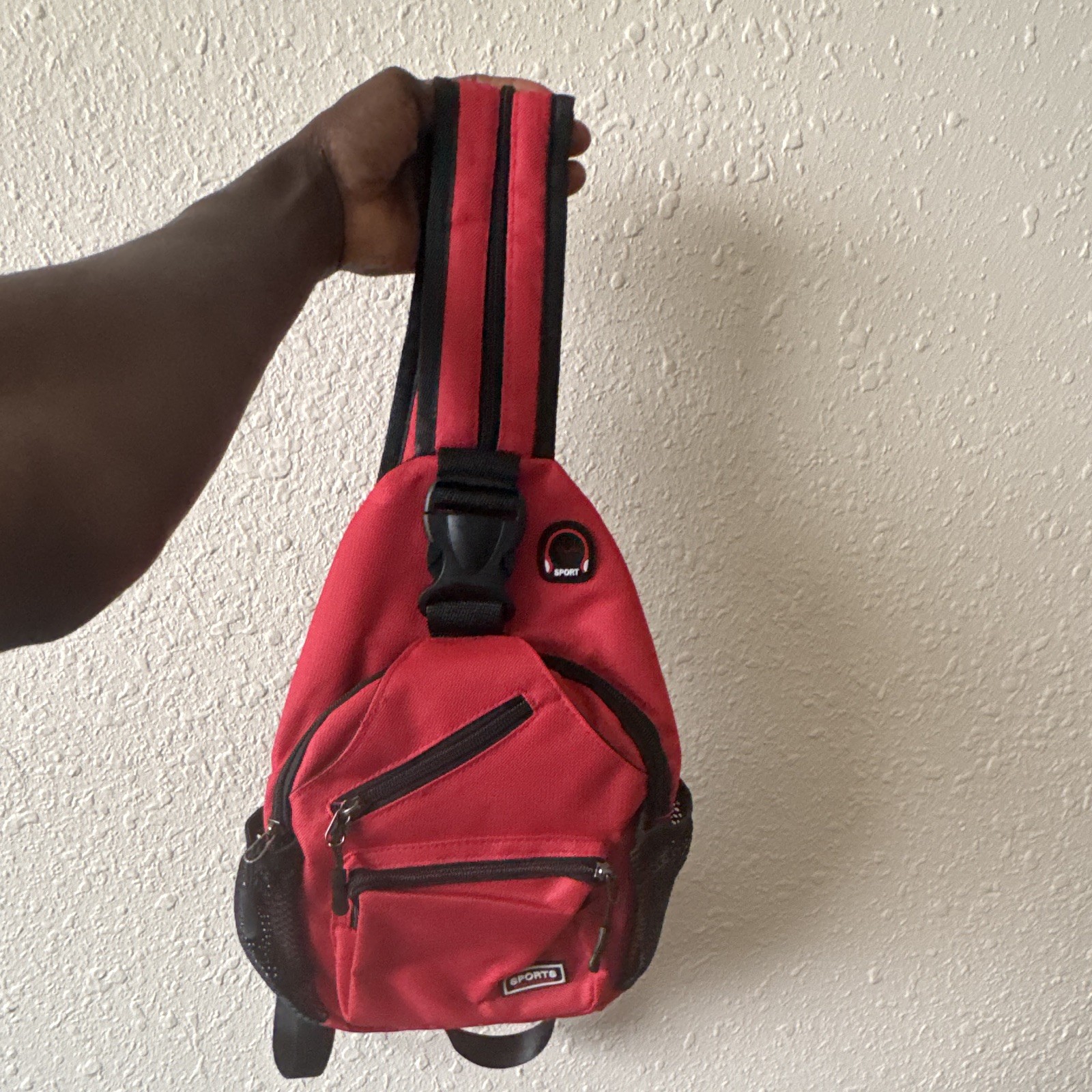 SPORT Red/Black Small Sling Backpack Zip/Buckle Adjustable Strap Pockets