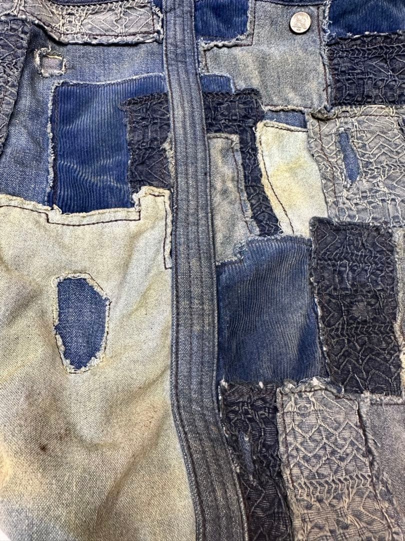RRL Ralph Lauren Indigo Patchwork Cotton Leather Tote Bag 36x34cm