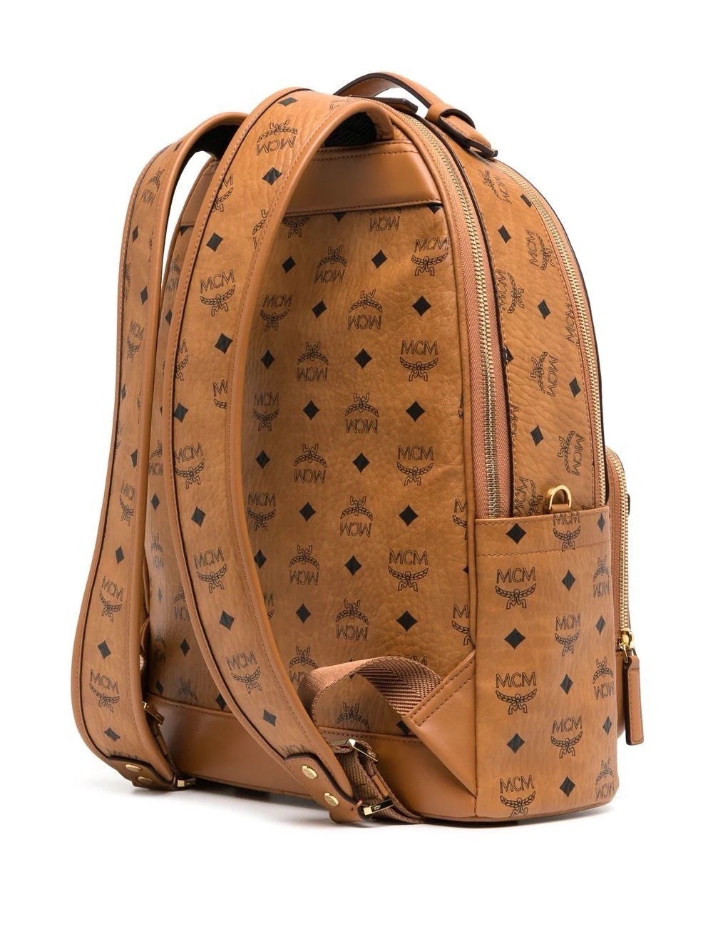 Authentic MCM Stark Visetos Cognac Medium Backpack Gold Hardware Brown