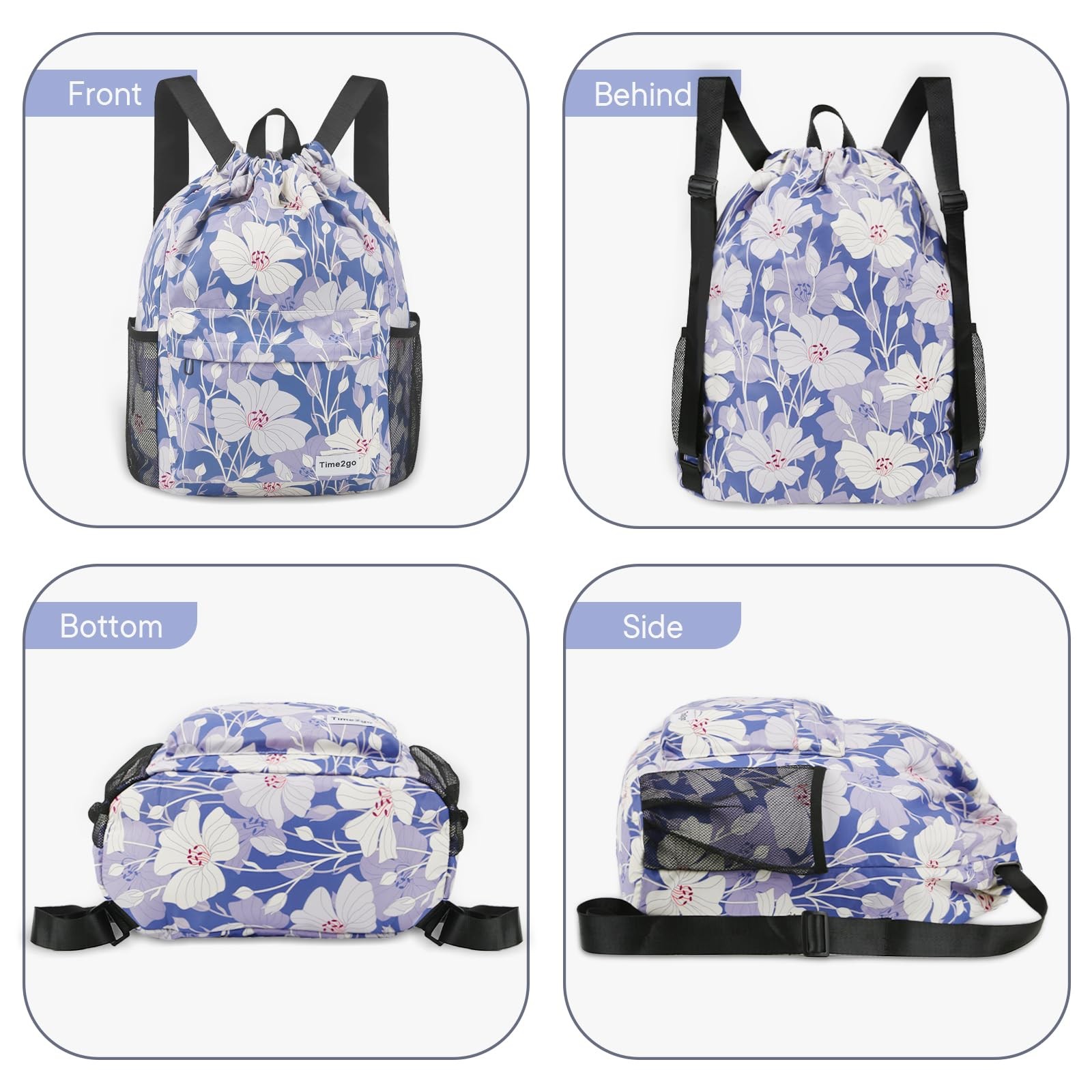 Drawstring Backpack Sports Gym Sackpack Mesh Pockets String Beach Blue Flower