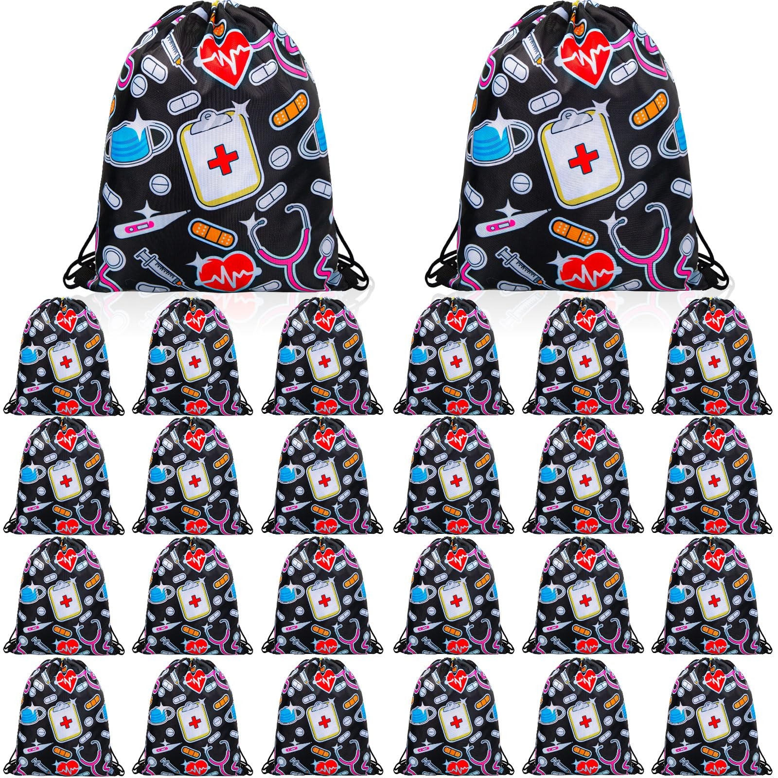 24 Pcs Nurse Drawstring Backpack Nurse Themed Pattern Shoulder Bags Funny Nur…