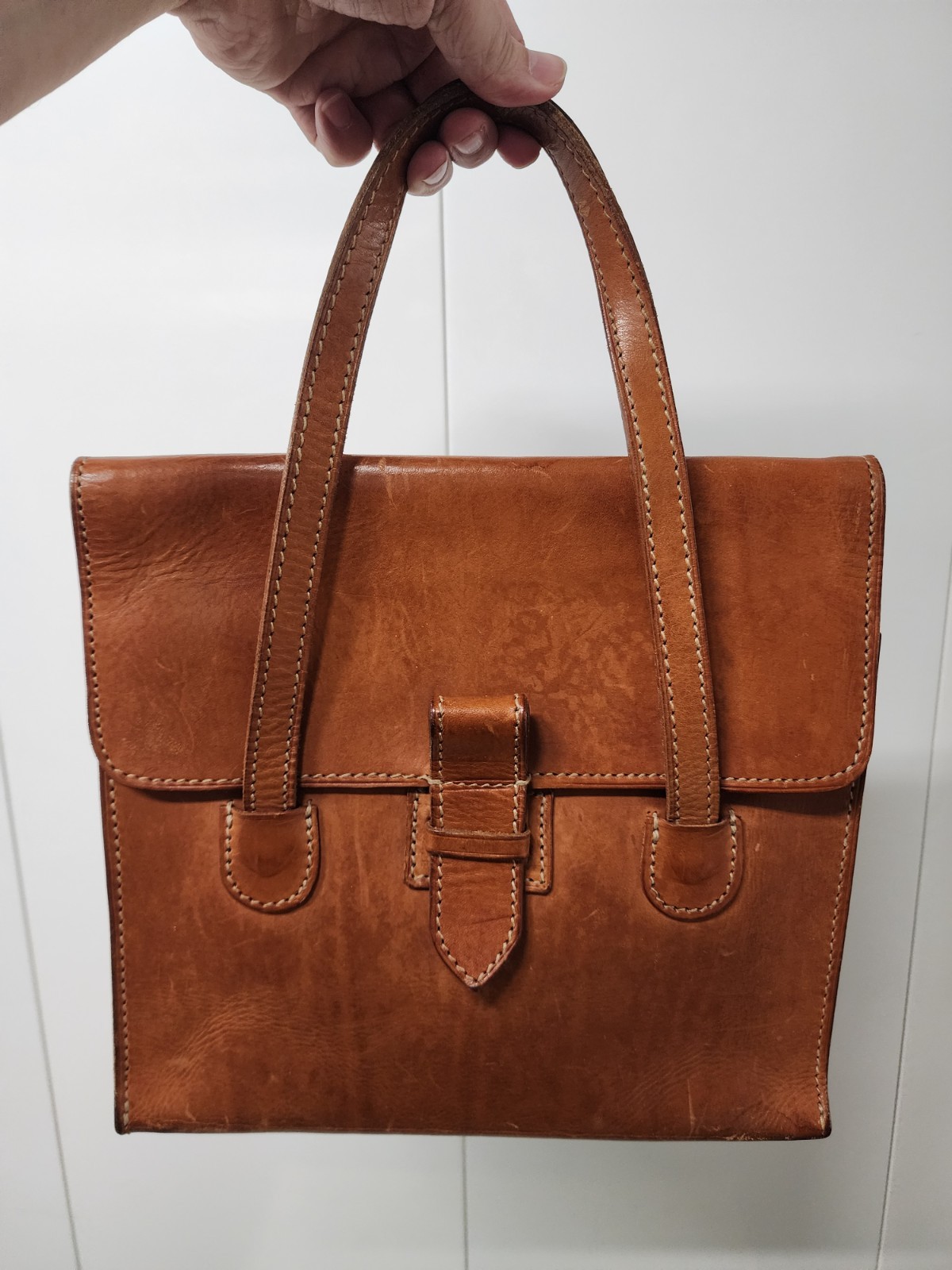 Rugged Satchel Tote Bag | Tan Brass Leather Strap Made in USA VG