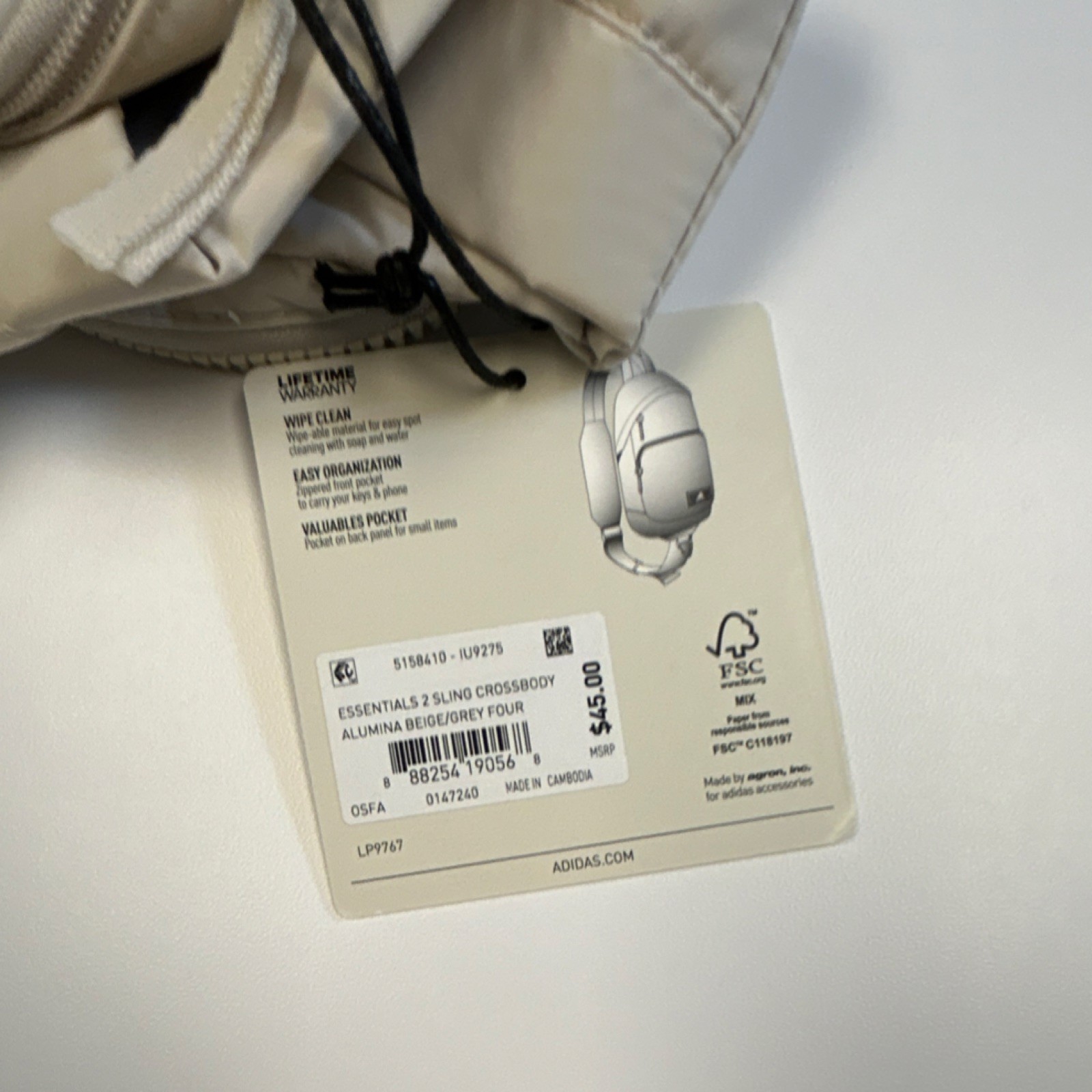 adidas Essentials Crossbody Sling Bag Beige Adjustable Strap Outer Pockets Men
