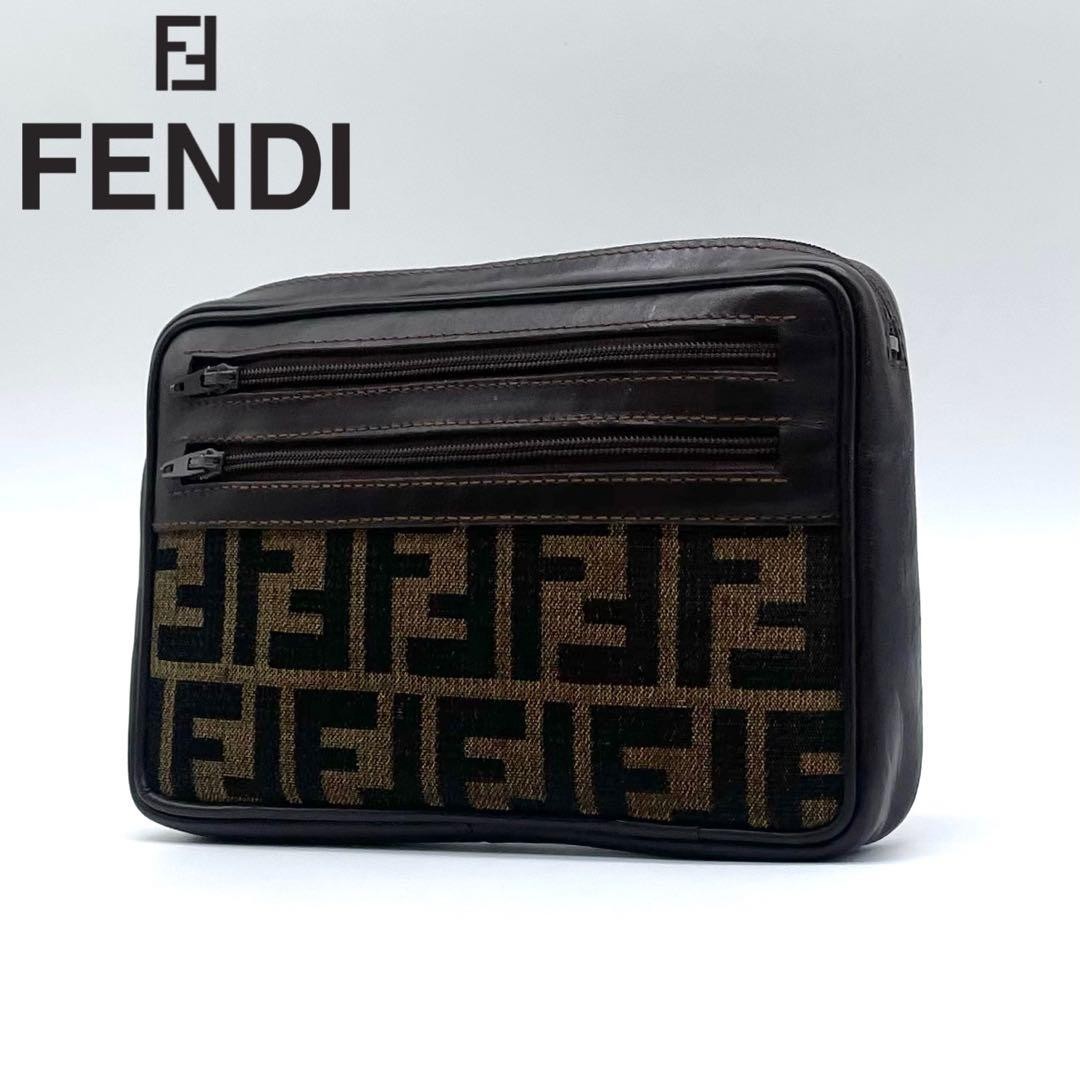 FENDI Zucca Print Logo All-over Monogram Pouch Purse Canvas Leather Dark Brown